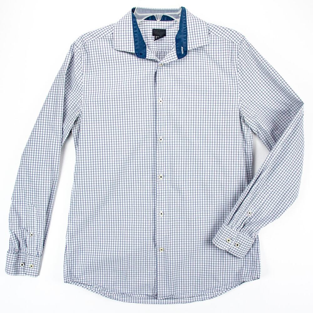 H&M Men's Medium Check Button Up Shirt Blue White 100% Cotton Long Sleeve